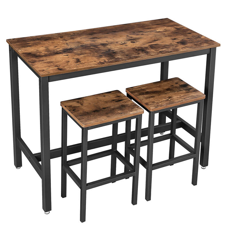 Adouer Wood "Rustic Brown and Black Bar Table Set with Two Matching Stools"