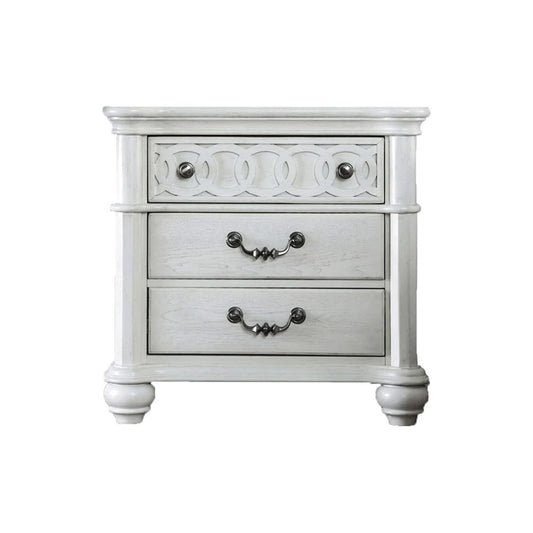 ADOUER WOOD Elegant White Wooden Bedside Table with Decorative Top Drawer and Ornate Handles