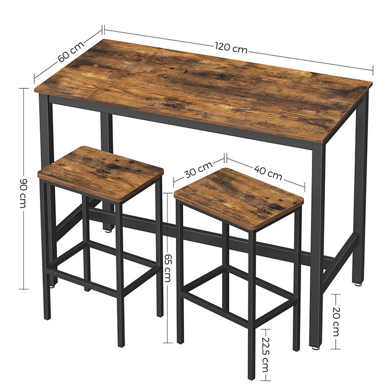 Adouer Wood "Rustic Brown and Black Bar Table Set with Two Matching Stools"