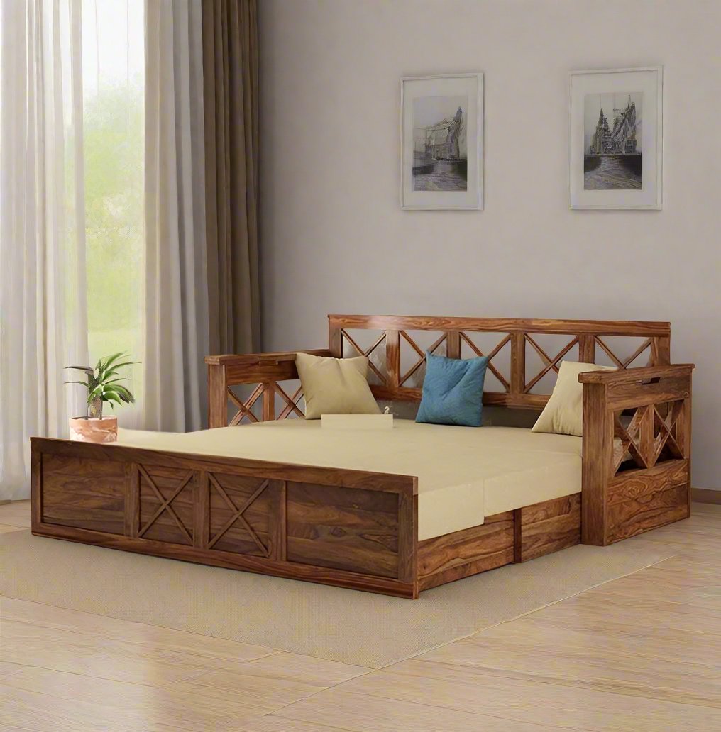 ADOUER WOOD Solid Sheesham Wood Classic Design Honey Finish Sofa Cum Bed