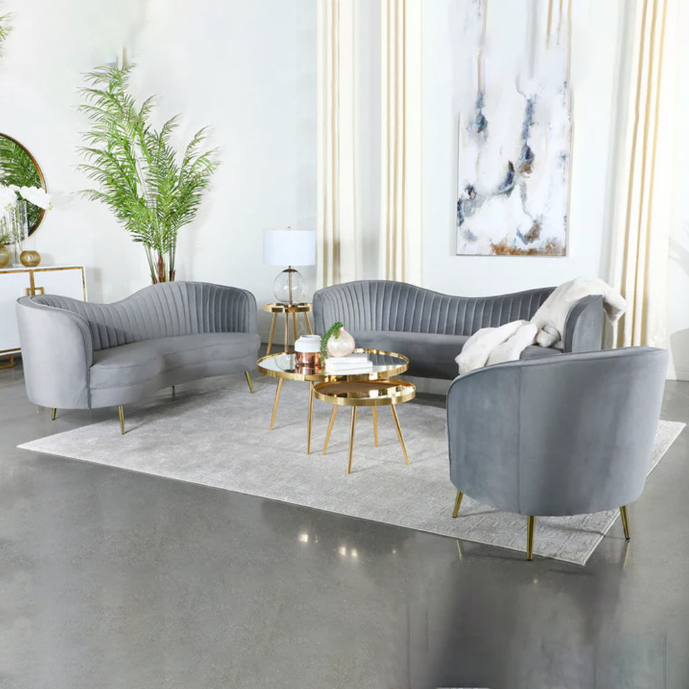 ADOUER WOOD Modern Curved Velvet Sofa Set with Gold Legs - Grey