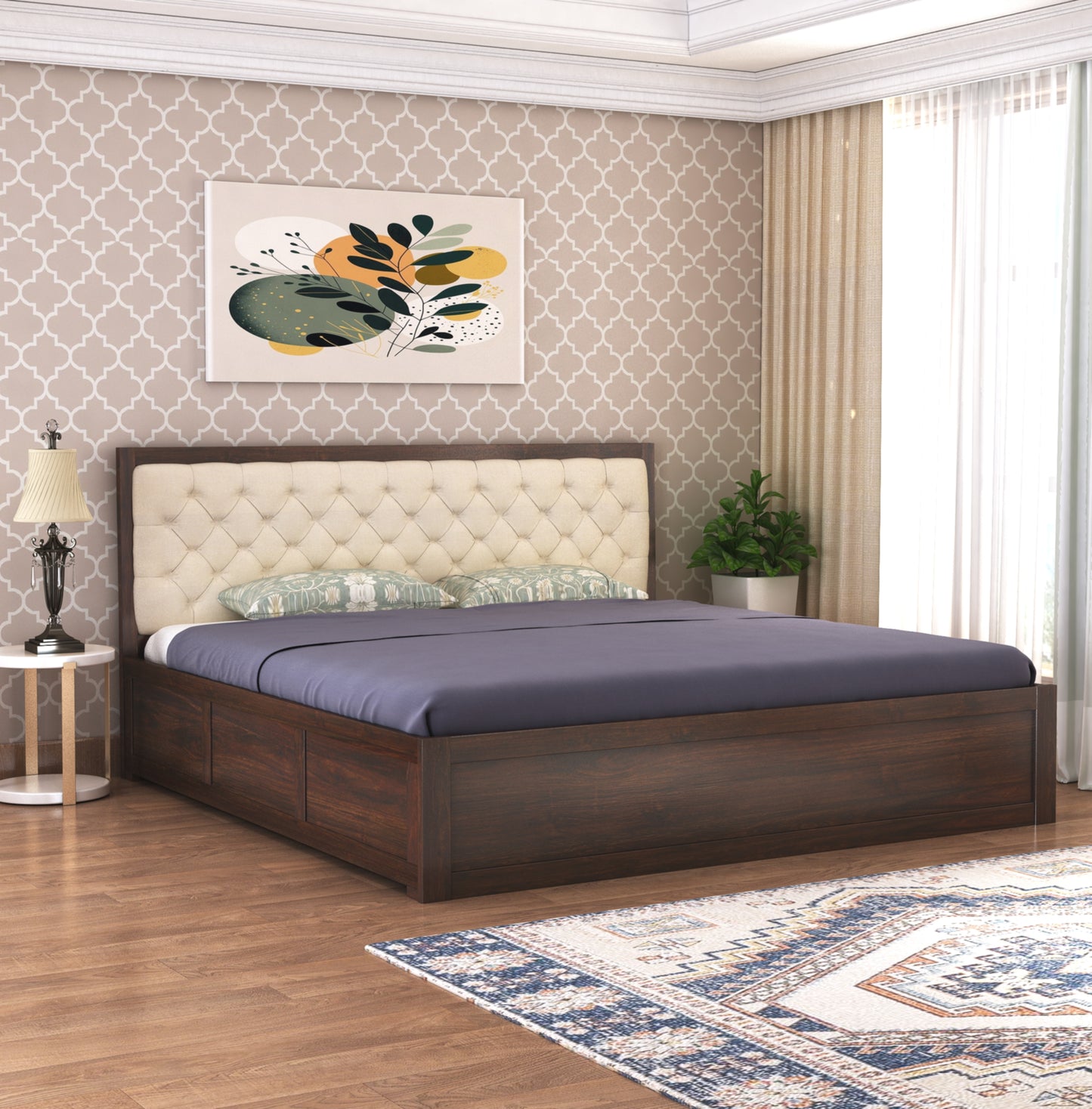 ADOUER WOOD Solid Sheesham Wood Standard Bed With Box Storage–Natural Honey Finish