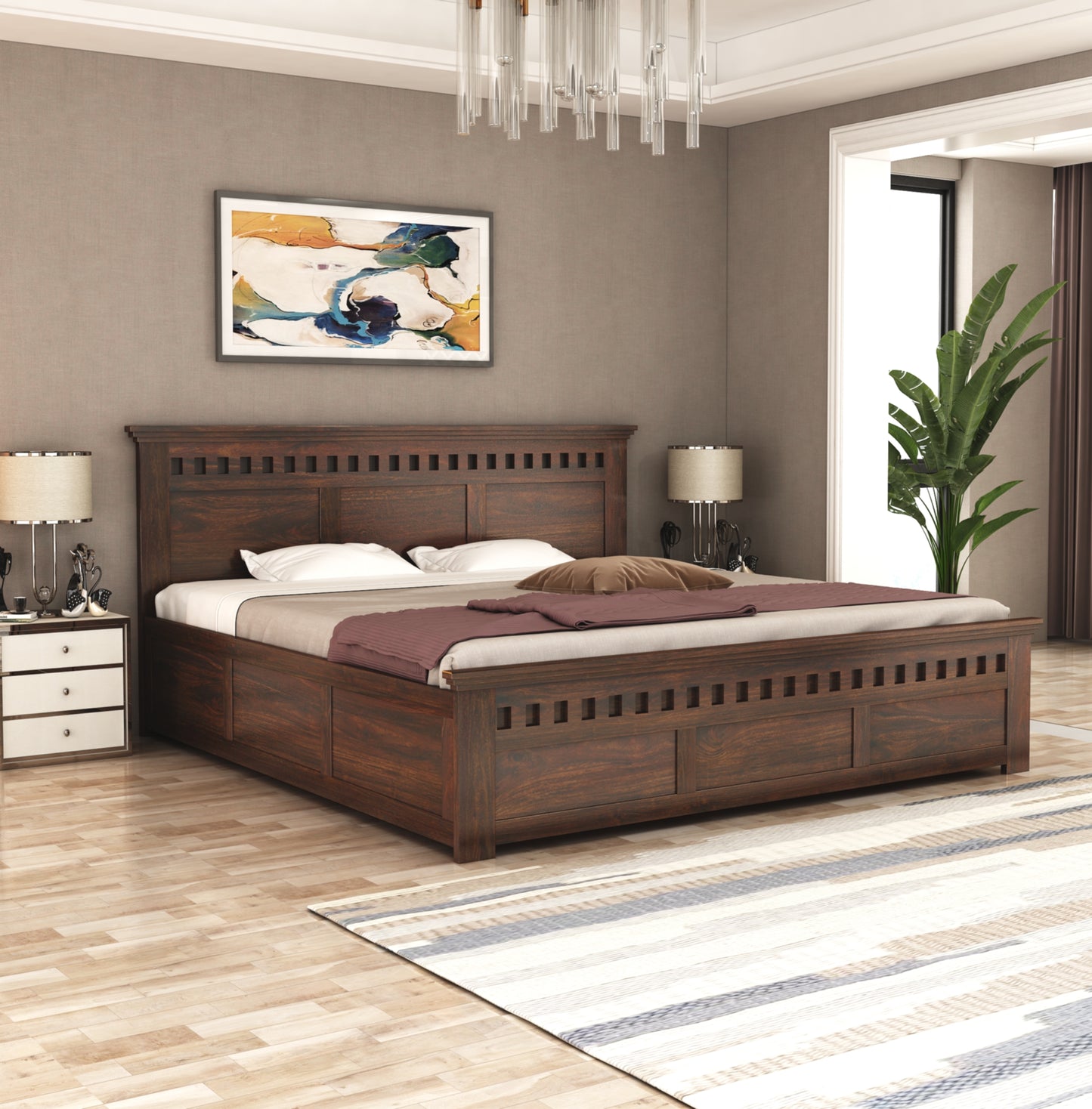 ADOUER WOOD Solid Sheesham Wood Standard Bed With Box Storage–Natural Honey Finish