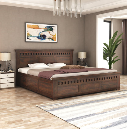 ADOUER WOOD Solid Sheesham Wood Standard Bed With Box Storage–Natural Honey Finish