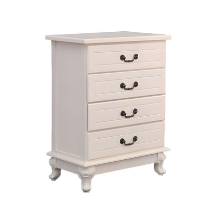 ADOUER WOOD Elegant White Four-Drawer Bedside Table with Ornate Handles and Carved Legs