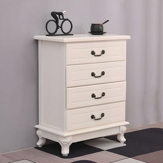 ADOUER WOOD Elegant White Four-Drawer Bedside Table with Ornate Handles and Carved Legs