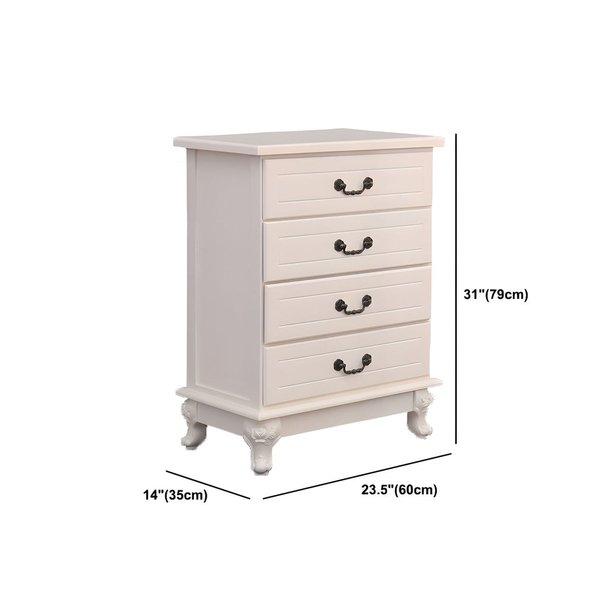 ADOUER WOOD Elegant White Four-Drawer Bedside Table with Ornate Handles and Carved Legs