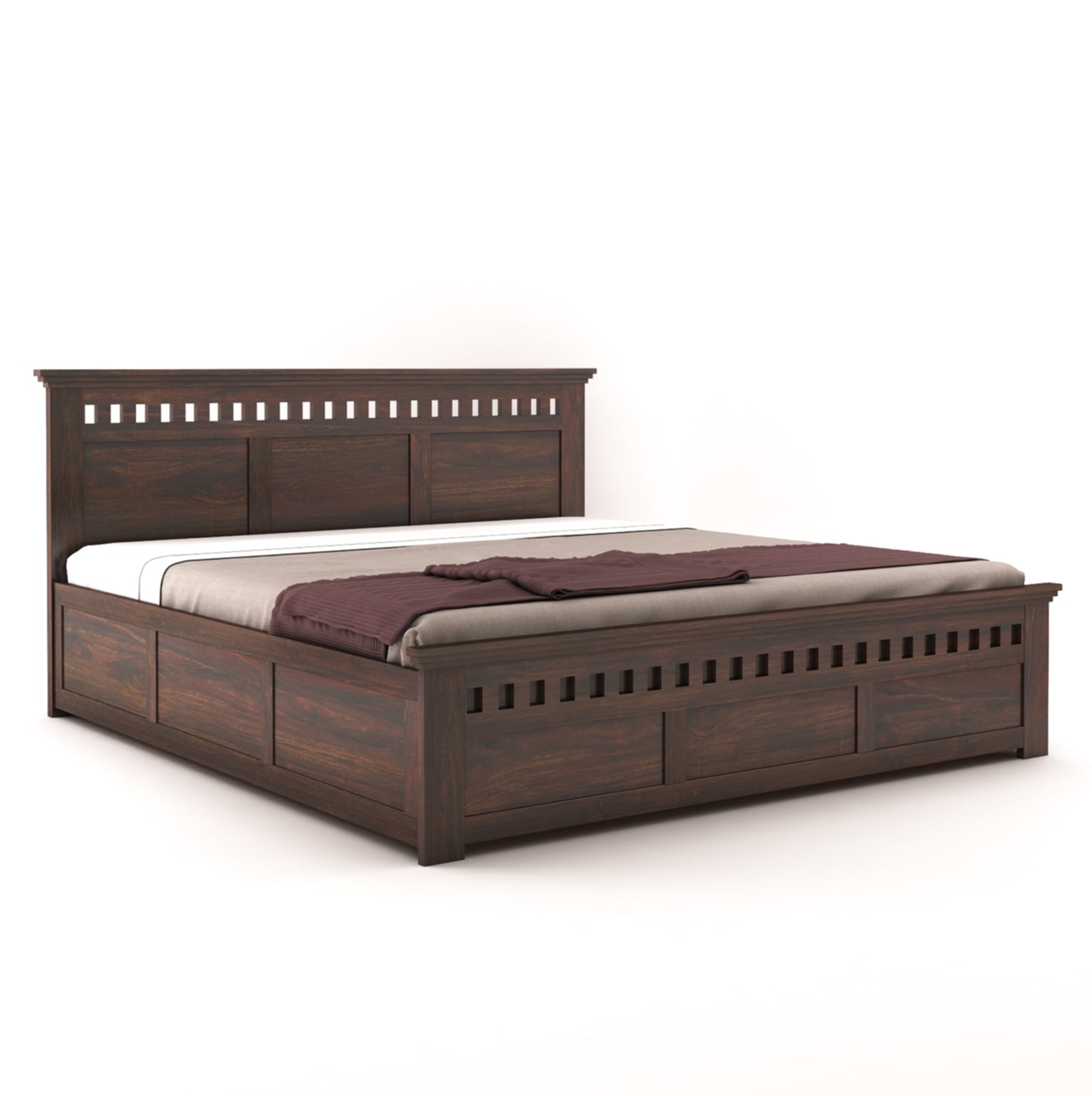 ADOUER WOOD Solid Sheesham Wood Standard Bed With Box Storage–Natural Honey Finish