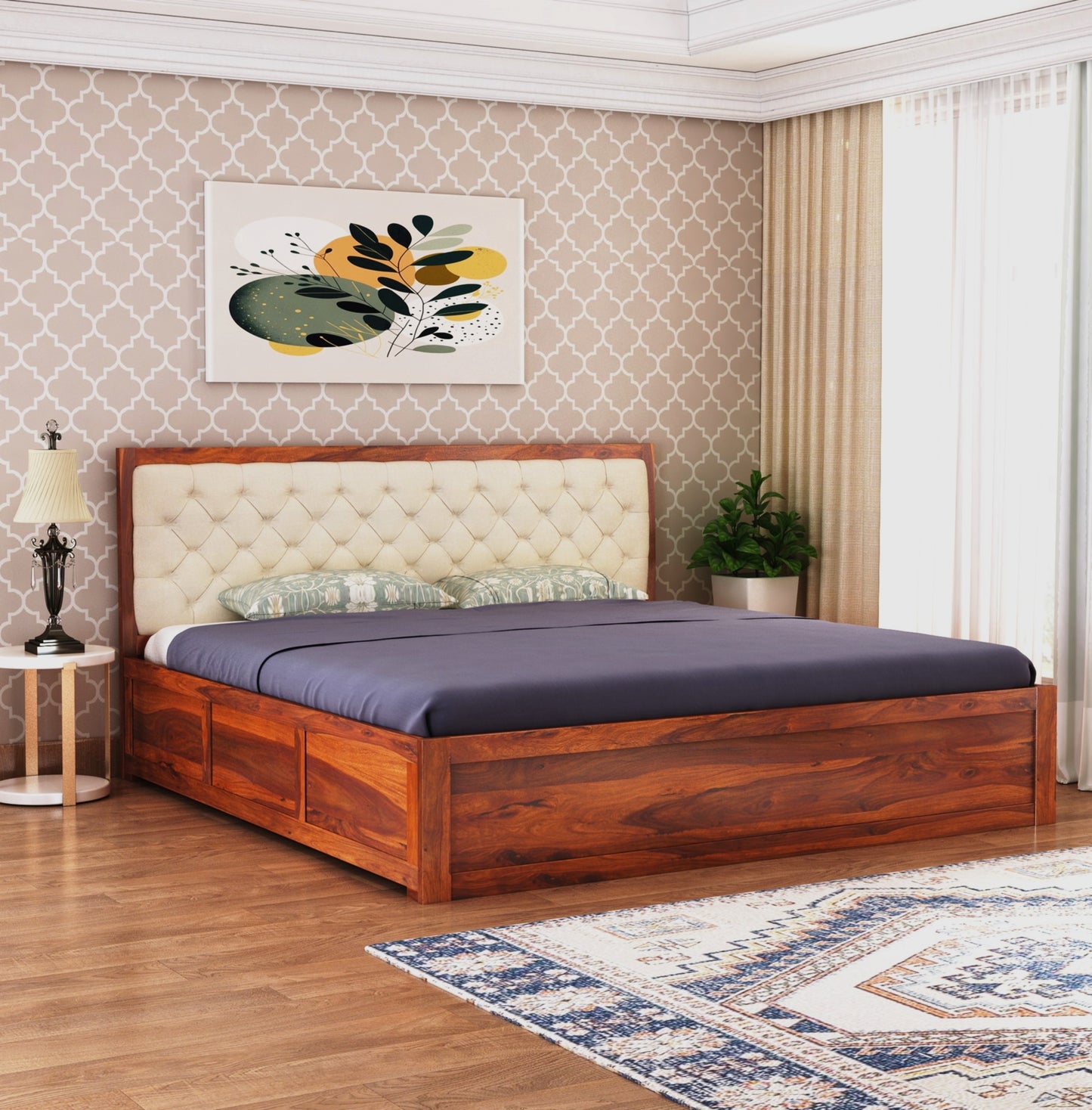 ADOUER WOOD Solid Sheesham Wood Standard Bed With Box Storage–Natural Honey Finish