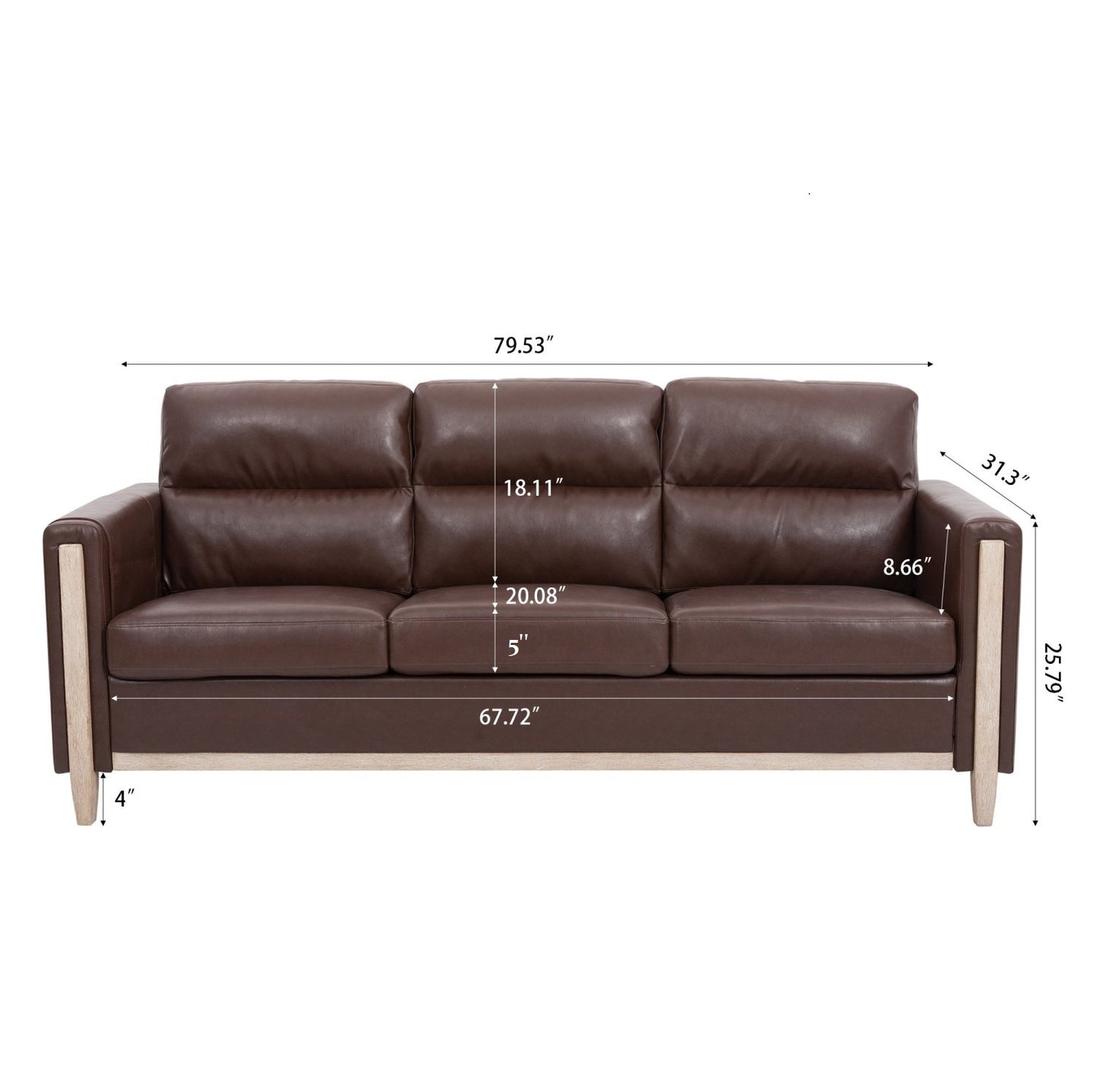 ADOUER WOOD Luxurious Acacia Wood Frame 3 Seater Brown Leatherette Fabric Sofa