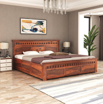 ADOUER WOOD Solid Sheesham Wood Standard Bed With Box Storage–Natural Honey Finish