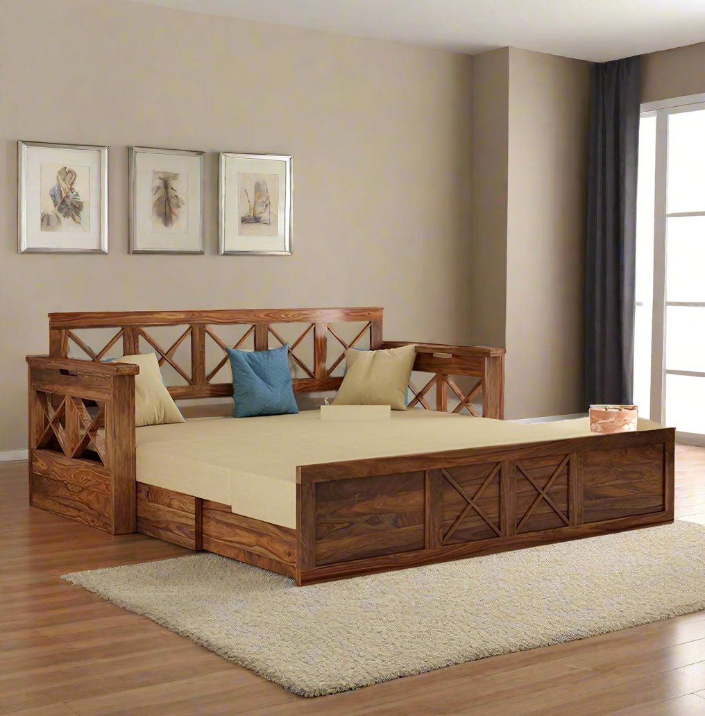 ADOUER WOOD Solid Sheesham Wood Classic Design Honey Finish Sofa Cum Bed