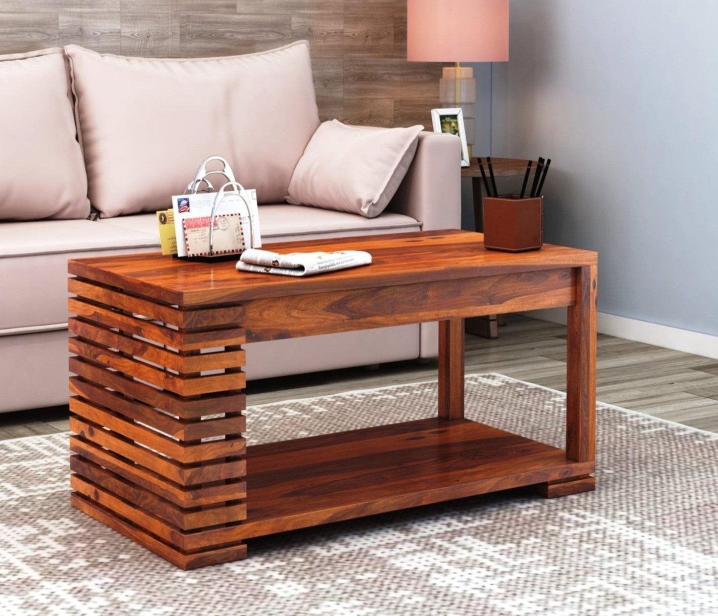 ADOUER WOOD Designer Double Shelf Solid Sheeham Wood Coffee Table