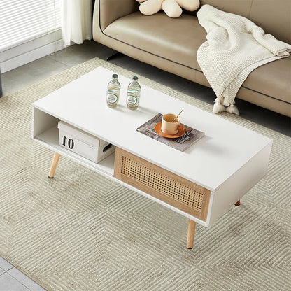 ADOUER WOOD Solid Acacia Wood Luxuries Rattan Coffee Table (White & Natural)