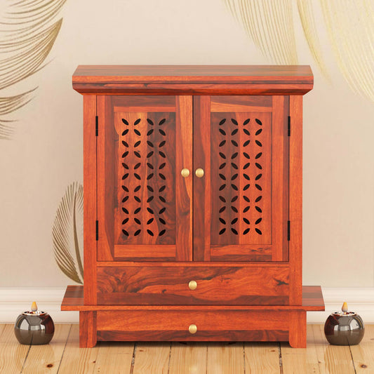 ADOUER WOOD 31'' Sheesham Wood Hand Double Drawers And 2 Door Pooja Mandir (Honey)