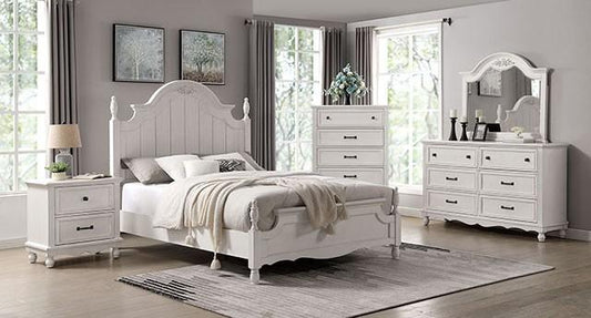 Adouer Wood "Vintage White Wooden Bed with Intricate Headboard Design – Classic Bedroom Furniture"