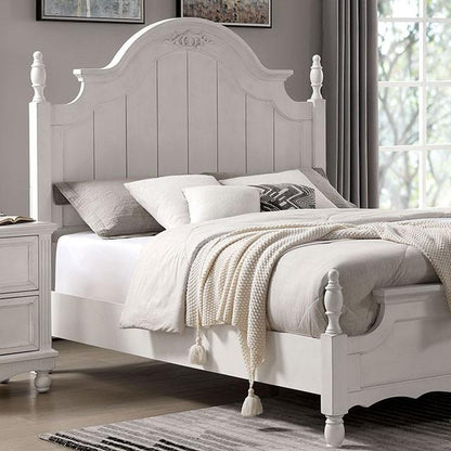 Adouer Wood "Vintage White Wooden Bed with Intricate Headboard Design – Classic Bedroom Furniture"