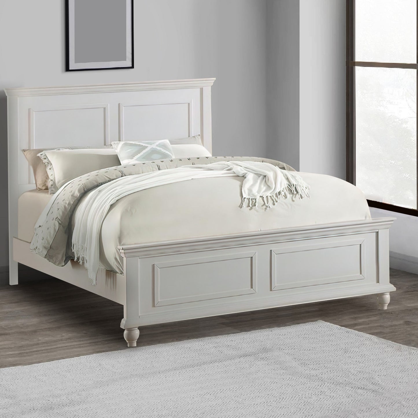 Adouer Wood "Classic White Paneled Wooden Bed Frame with Elegant Footboard Design"