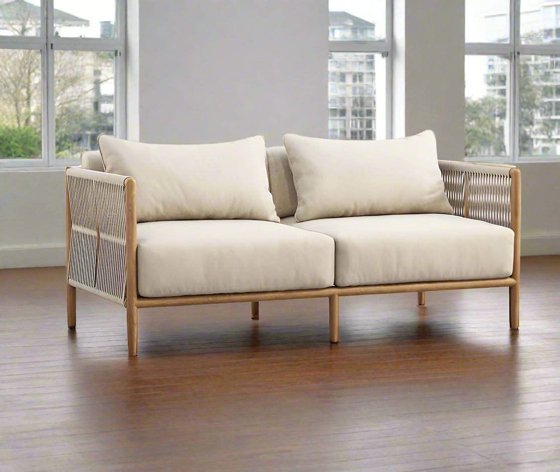 ADOUER WOOD Luxury Wooden 3 Seater Handmade Rope Knitting Sofa, Natural