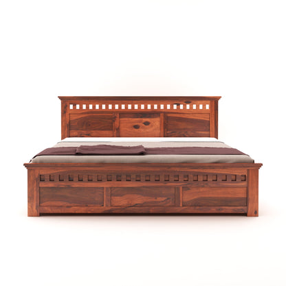 ADOUER WOOD Solid Sheesham Wood Standard Bed With Box Storage–Natural Honey Finish