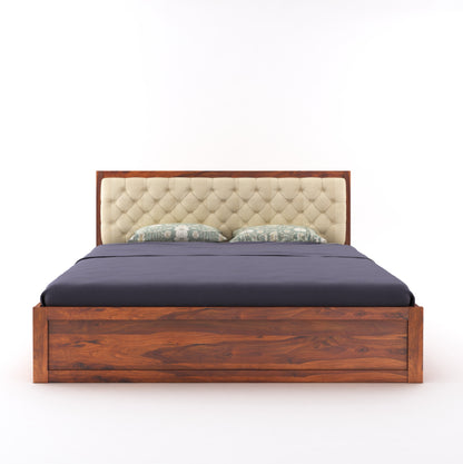 ADOUER WOOD Solid Sheesham Wood Standard Bed With Box Storage–Natural Honey Finish