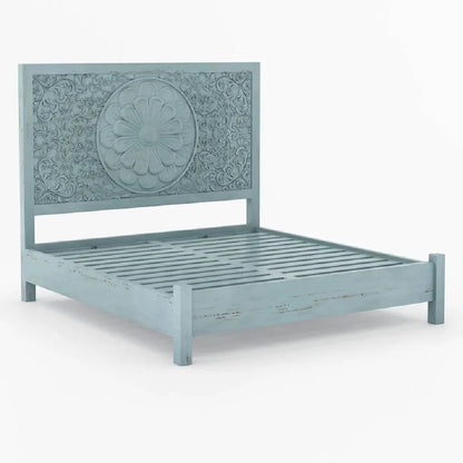 ADOUER WOOD Solid Sheesham Wood Luxuries Antique Blue Distressed Hand Carving Bed, Without Storage