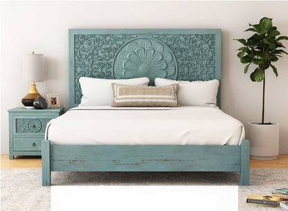 ADOUER WOOD Solid Sheesham Wood Luxuries Antique Blue Distressed Hand Carving Bed, Without Storage