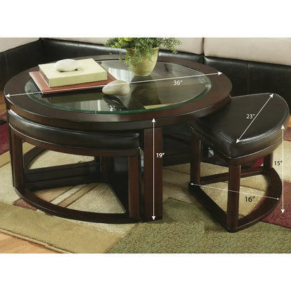 ADOUER WOOD Solid Sheesham Wood Glass Top Coffee Table Set With 4 Setting Stool (Walnut Finish)