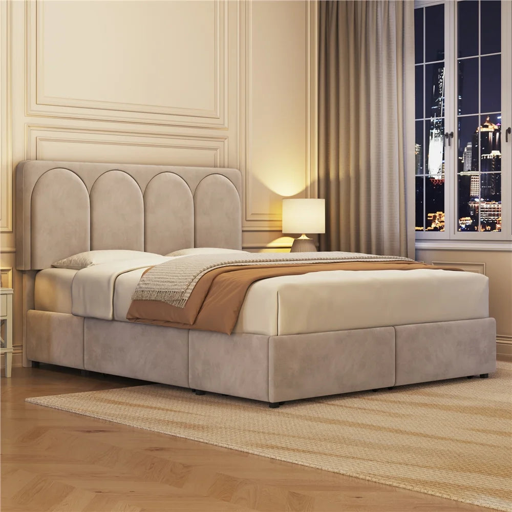 ADOUER WOOD Solid Frame Upholstered Bed Without Storage For Bedroom