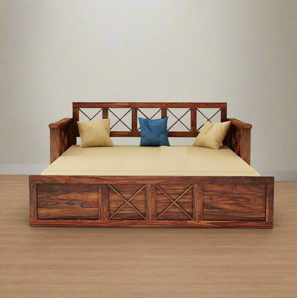 ADOUER WOOD Solid Sheesham Wood Classic Design Honey Finish Sofa Cum Bed