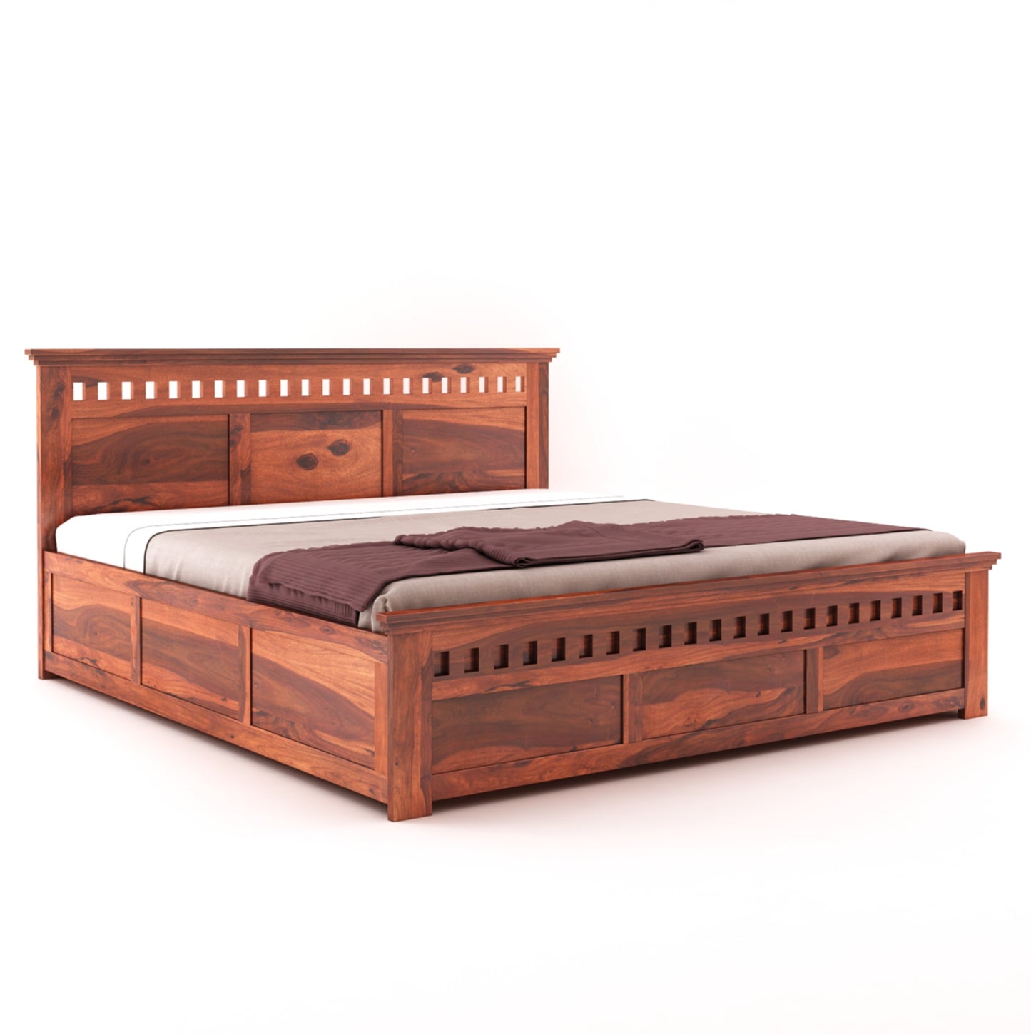 ADOUER WOOD Solid Sheesham Wood Standard Bed With Box Storage–Natural Honey Finish