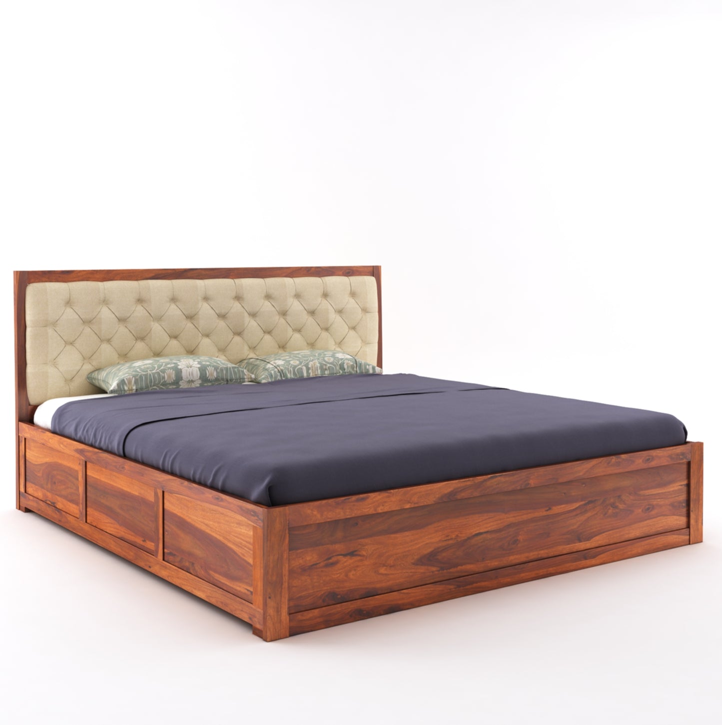 ADOUER WOOD Solid Sheesham Wood Standard Bed With Box Storage–Natural Honey Finish