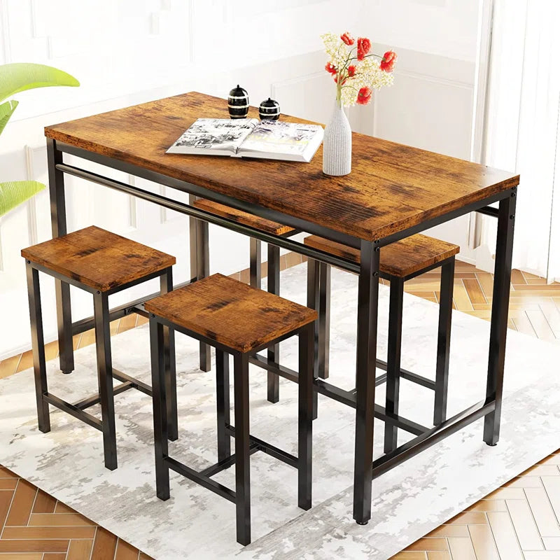 Adouer Wood "5-Piece Bar Table Set with Black Legs and Natural Wood Finish Top"