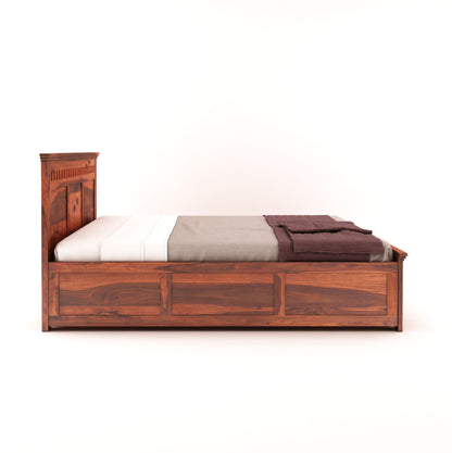 ADOUER WOOD Solid Sheesham Wood Standard Bed With Box Storage–Natural Honey Finish