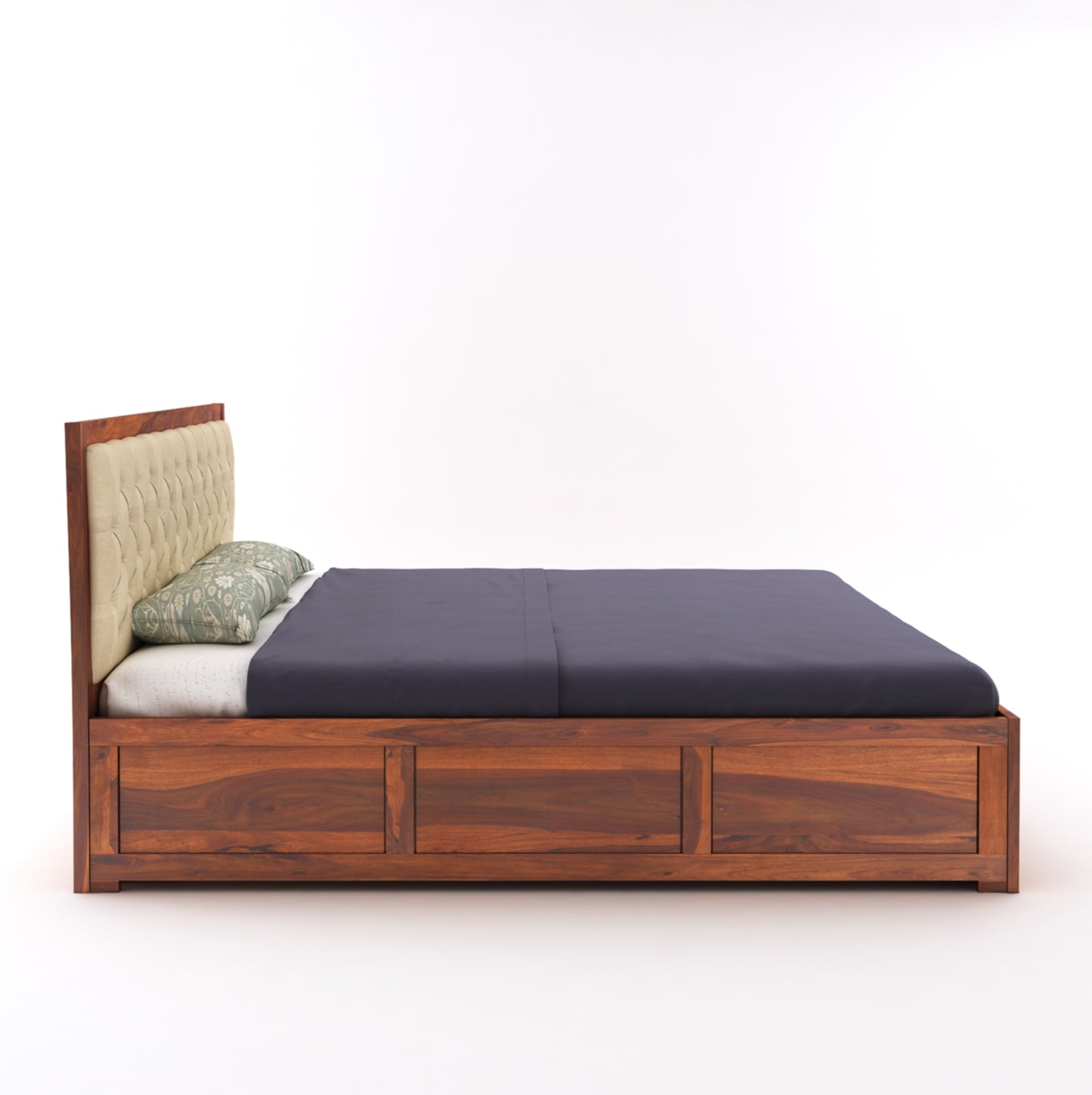 ADOUER WOOD Solid Sheesham Wood Standard Bed With Box Storage–Natural Honey Finish