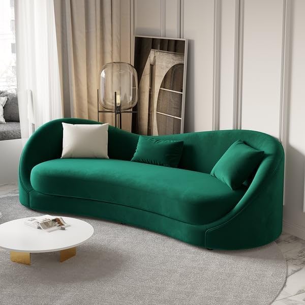 ADOUER WOOD Emerald Green Modern Curved Sofa with Four Cushions