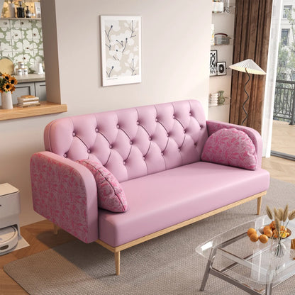 ADOUER WOOD Luxurious Solid Wood Frame 3 Seater Pink Leatherette Fabric Sofa