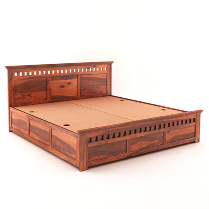 ADOUER WOOD Solid Sheesham Wood Standard Bed With Box Storage–Natural Honey Finish