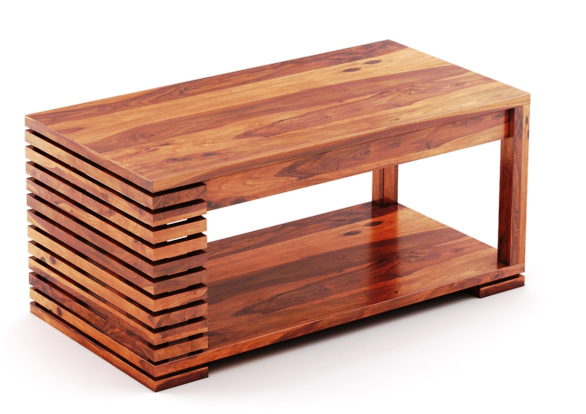 ADOUER WOOD Designer Double Shelf Solid Sheeham Wood Coffee Table