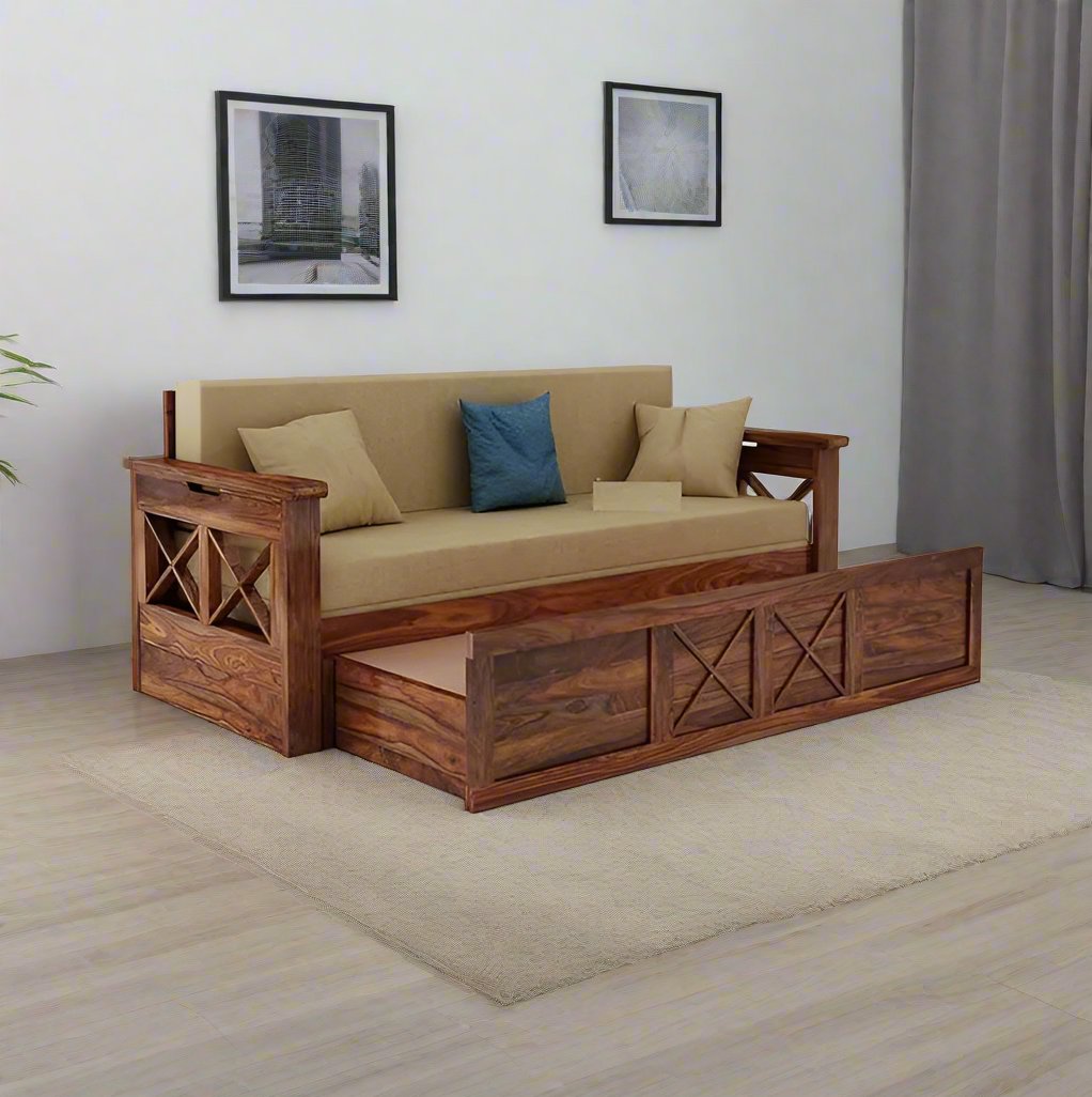 ADOUER WOOD Solid Sheesham Wood Classic Design Honey Finish Sofa Cum Bed