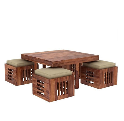 ADOUER WOOD 4 Stool Sheesham Wood Coffee Table Set For Living (Honey Finish)