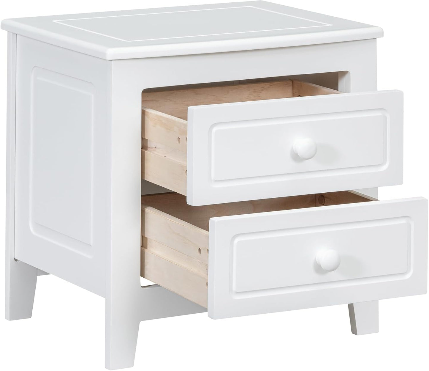 ADOUER WOOD White Wooden Bedside Table with Two Drawers and Knob Handles