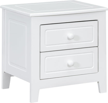 ADOUER WOOD White Wooden Bedside Table with Two Drawers and Knob Handles