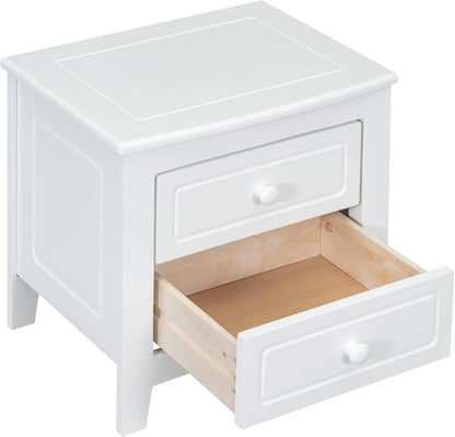 ADOUER WOOD White Wooden Bedside Table with Two Drawers and Knob Handles