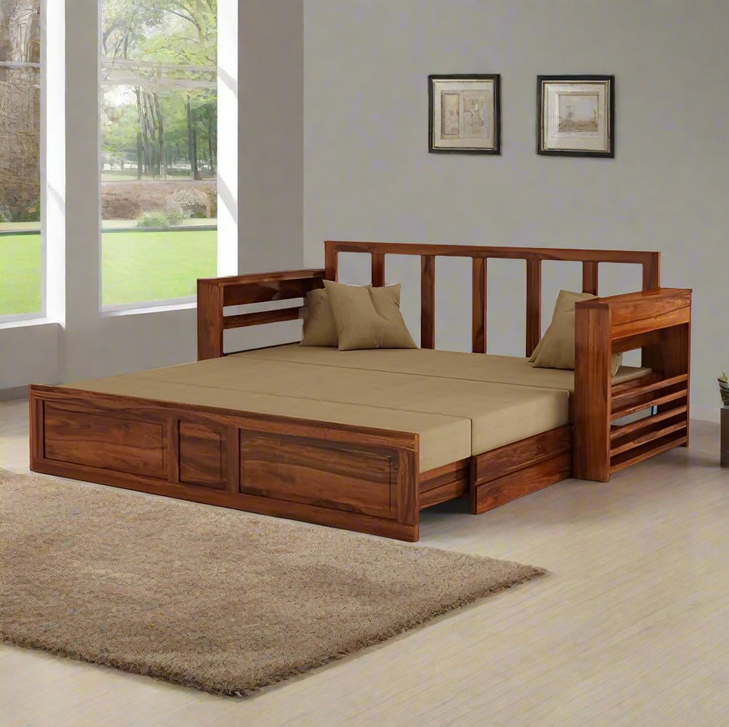 ADOUER WOOD Solid Sheesham Wood Honey Sofa Cum Bed Without Storage