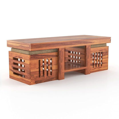 ADOUER WOOD Sheesham Wood Coffee Table Set with 2 Seating Designer Stools (Teak Finish)