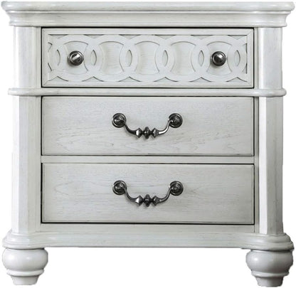 ADOUER WOOD Elegant White Wooden Bedside Table with Decorative Top Drawer and Ornate Handles