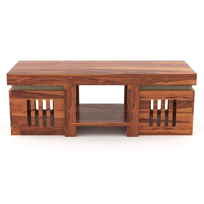 ADOUER WOOD Sheesham Wood Coffee Table Set with 2 Seating Designer Stools (Teak Finish)