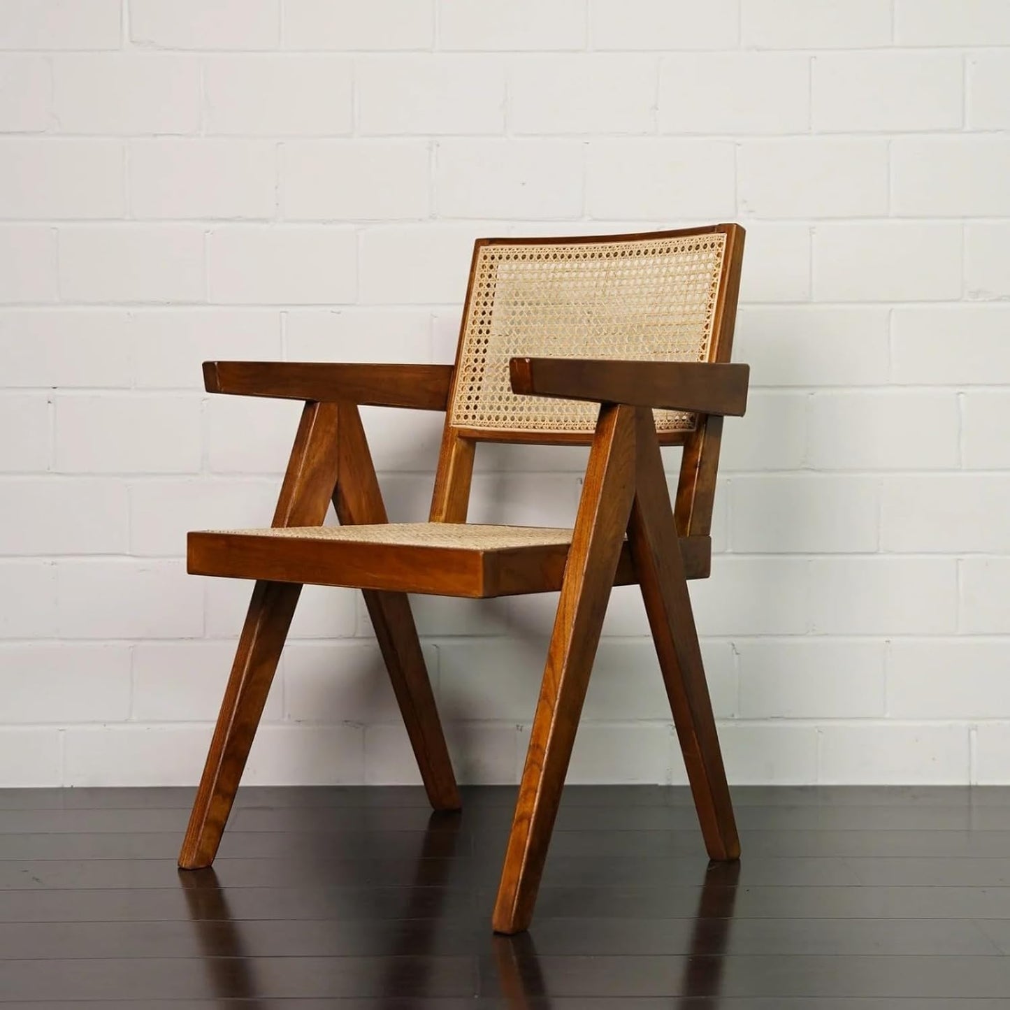 ADOUER WOOD "Mid-Century Modern Wooden Dining Chair with Cane Backrest and Seat – Teak Finish"