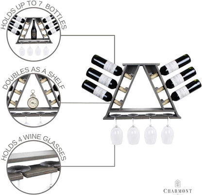Adouer Wood "Solid Sheesham Wood Pyramid Wine Rack and Glass Holder for 6 Bottles and 4 Glasses"